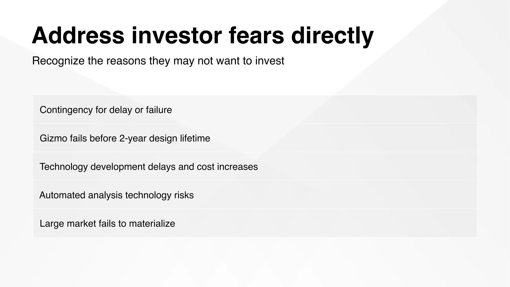 Address investor fears directly
Recognize the reasons they may not want to invest
Contingency for delay or failure
Gizmo fails before 2-year design lifetime
Technology development delays and cost increases
Automated analysis technology risks
Large market fails to materialize
 