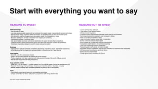 Start with everything you want to say
Data/Technology
• First provider of video
• Low-cost gizmos enable locations to be monitored on a weekly basis, impossible with current technology
• Will be able to image anywhere within 90 minutes, no capability exists to do so in less than a day
• Will be able to downlink imagery every two weeks, nearly 10x competitors of today
• Business intelligence will lead a transition from mapping to monitoring
• Exponential increase in customer base
• Can launch latest advanced commercial electronics into space 5x faster than competitors
• Designed world’s highest performance gizmo with data costs less than 1/20 that of competitors
• Developed proprietary designs for world’s lowest cost gizmo system
Business
• High barrier to entry for potential competitors (technology, regulatory, capex, specialized experience)
• A $4.5M gizmo has the capacity to generate $60M+ in revenue over its 2 year lifetime
Initial market
• Currently a $1.5B+ addressable market
• Today’s two providers operate at software-like gross margins
• Positive response from lead customers with deep pockets (Google, Microsoft, oil & gas sector)
• Will be cash ﬂow positive off ﬁrst gizmo(2013)
Huge potential market
• Today, X is a $1.5B market ,Y is a $3B market, and Z is a $6-8B market, Gizmo will revolutionize all 3
• Automate monitoring of land, vehicles, infrastructure & facilities (billions of dollars annually)
• Market research reports have consistent potential for gizmo to be a $10B industry
Team
• Gizmo team among world experts in microsatellite technology
• Unique combination of silicon valley start-up experience with strong Stanford ties
REASONS TO INVEST REASONS NOT TO INVEST
• Launch vehicle delay or failure
• 1 fails before 2 year design lifetime
• US Government regulation
• Customer product requirements mandate scope creep & cost increases
• Technology development results in cost increases & delays
• Delay in recruiting remainder of team
• Large information product market fails to materialize
• Anchor customers reduce data budgets
• Actual images fail to meet lead customer requirements
• Competitors match Gizmo’s low commercial pricing
• Lower cost monitoring solutions materialize
• Payload supplier can’t deliver on time/on budget
• Automated analysis capabilities require more time/effort to implement than anticipated
• US Government commissions similar to Gizmo
• Gizmo security compromised
• Foreign government competes with Gizmo
*Also, see KV consumer fundraising deck checklist
 