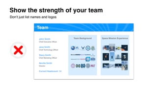 Show the strength of your team
Don’t just list names and logos
 