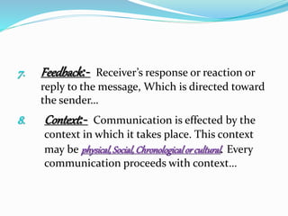 7. Feedback:- Receiver’s response or reaction or
reply to the message, Which is directed toward
the sender…
8. Context:- Communication is effected by the
context in which it takes place. This context
may be physical,Social,Chronologicalor cultural. Every
communication proceeds with context…
 