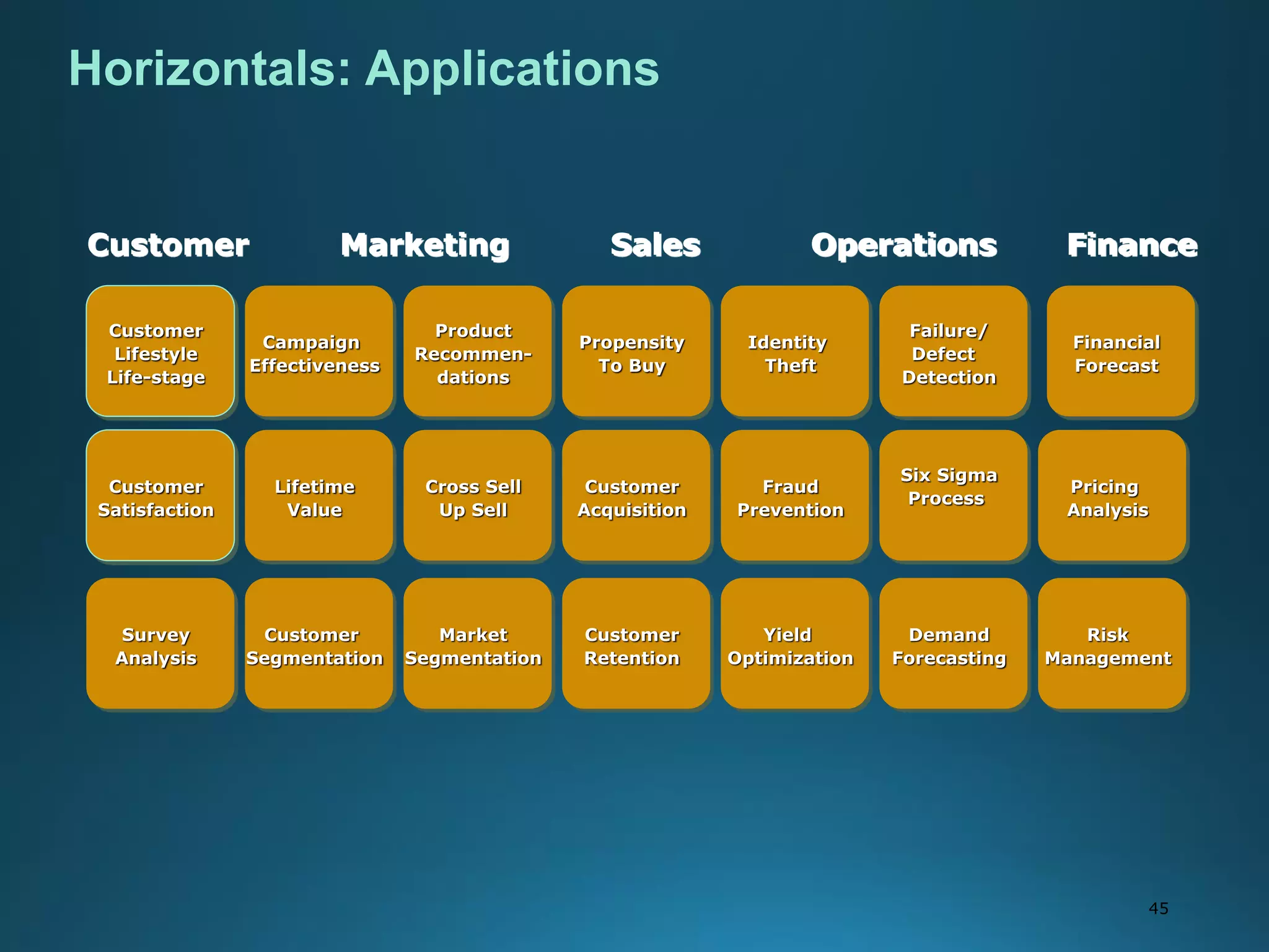 45
Horizontals: Applications
Customer
Lifestyle
Life-stage
Lifetime
Value
Customer
Satisfaction
Survey
Analysis
Customer
Acquisition
Campaign
Effectiveness
Customer
Retention
Cross Sell
Up Sell
Propensity
To Buy
Market
Segmentation
Identity
Theft
Failure/
Defect
Detection
Fraud
Prevention
Six Sigma
Process
Yield
Optimization
Demand
Forecasting
Risk
Management
Financial
Forecast
Pricing
Analysis
Customer
Segmentation
Product
Recommen-
dations
Customer Marketing Sales Operations Finance
 