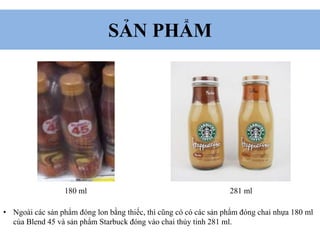 SẢN PHẨM
180 ml 281 ml
• Ngoài các sản phẩm đóng lon bằng thiếc, thì cũng có có các sản phẩm đóng chai nhựa 180 ml
của Blend 45 và sản phẩm Starbuck đóng vào chai thủy tinh 281 ml.
 