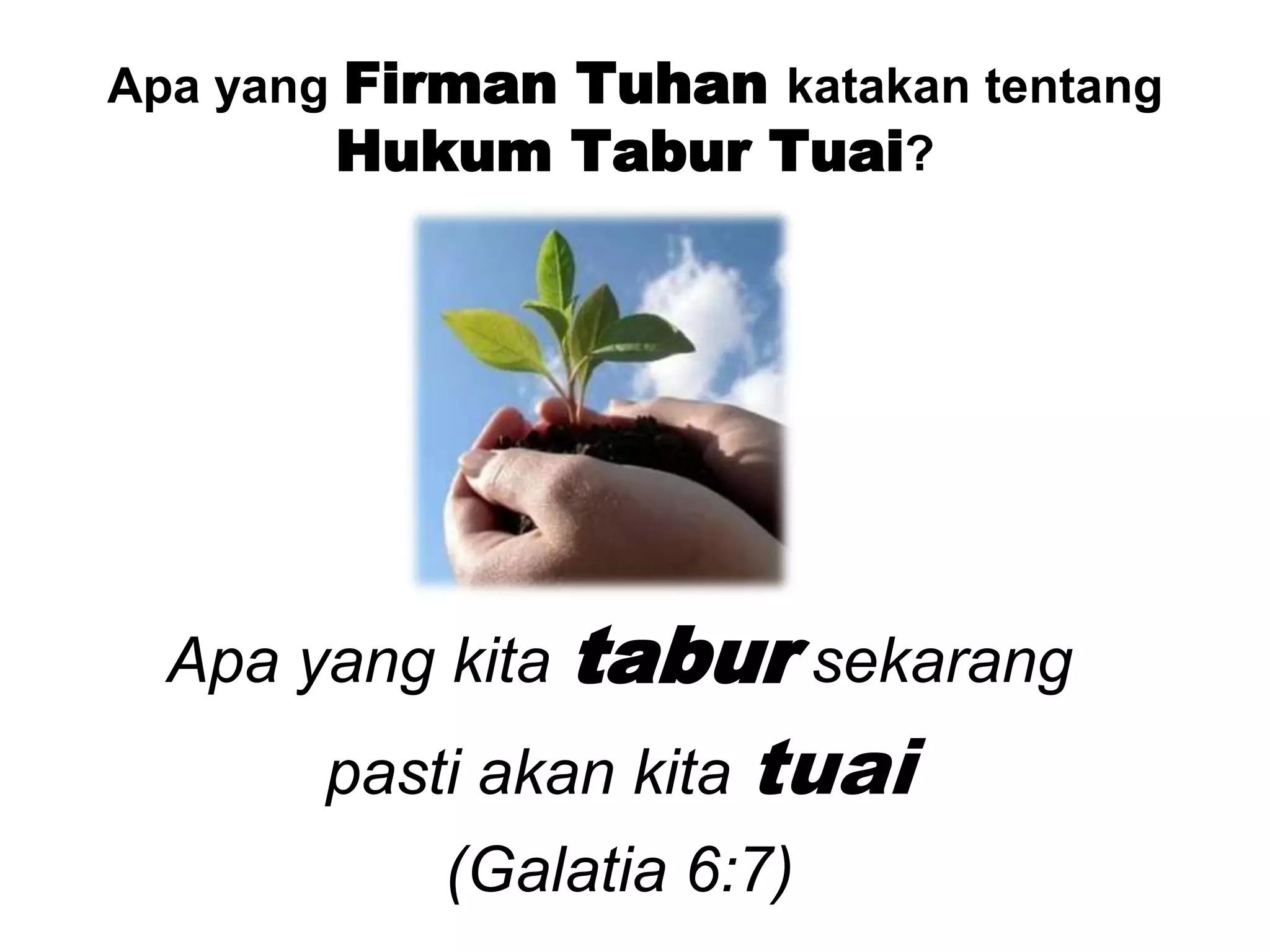 Apa yang FirmanTuhankatakantentangHukumTaburTuai?Apa yang kitatabursekarangpastiakankitatuai(Galatia 6:7)
