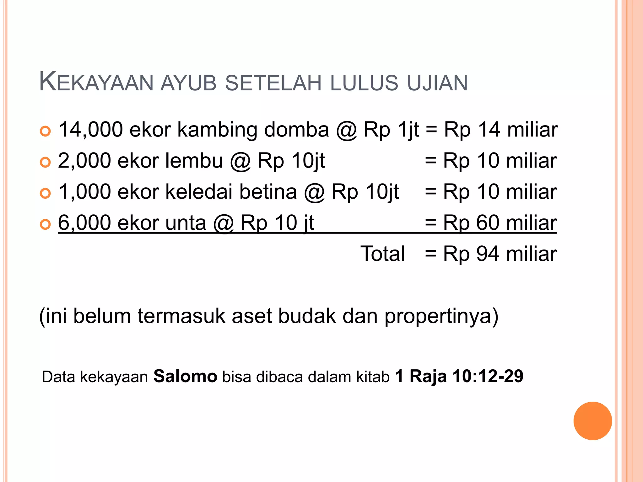 Kekayaanayubsetelah lulus ujian14,000 ekorkambingdomba @ Rp 1jt = Rp 14 miliar2,000 ekorlembu @ Rp 10jt 		= Rp 10 miliar1,000 ekorkeledaibetina @ Rp 10jt 	= Rp 10 miliar6,000 ekorunta @ Rp 10 jt 		= Rp 60 miliar						Total	= Rp 94 miliar(inibelumtermasukasetbudakdanpropertinya)Data kekayaanSalomobisadibacadalamkitab1 Raja 10:12-29