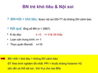 BN trẻ khó tiêu & Nội soi
 BN<45t + khó tiêu: được nội soi DD-TT dù không DH cảnh báo
 Kết quả: tổng số BN (n = 2867)
• K dạ dày: n =3 => tỉ lệ rất thấp
• Loạn sản trung bình: n= 1
• Thực quản Barrett: n=10
BN <45t + khó tiêu + không DH cảnh báo:
ĐT theo kinh nghiệm tốt nhất: PPI > thuốc kháng histamin H2
(dù vẫn có thể nội soi , thử H.p cho mọi BN)
 