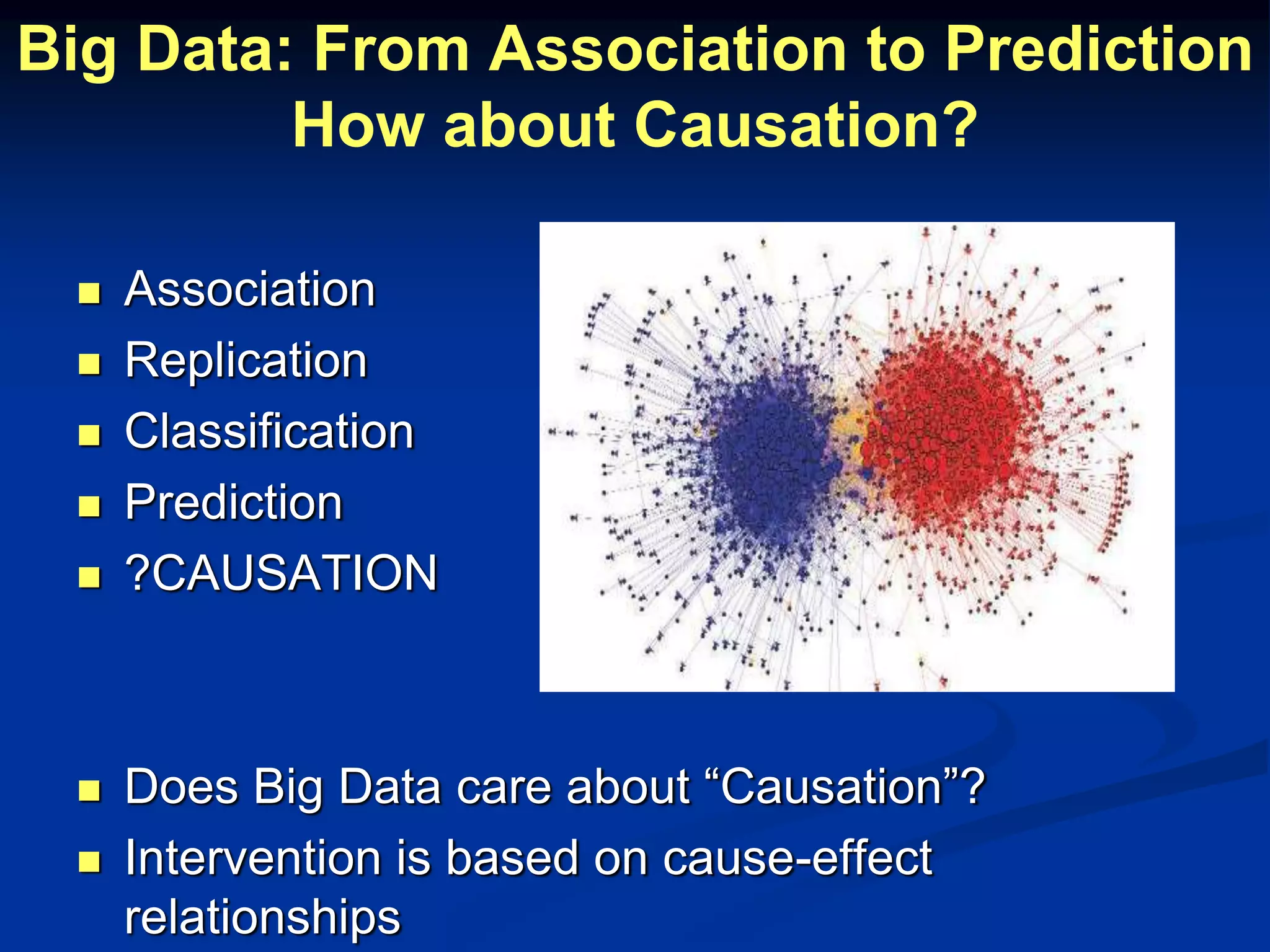 Big Data: From Association to Prediction 
How about Causation? 
 Association 
 Replication 
 Classification 
 Prediction 
 ?CAUSATION 
 Does Big Data care about “Causation”? 
 Intervention is based on cause-effect 
relationships 
 