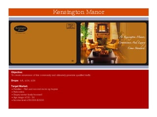Objective: To create awareness of this community and ultimately generate qualified traffic Drops:  4/5, 4/16, 4/26 Target Market: • Families - First and second move-up buyers • Relocation • Empty nester (early boomer) • Age range of 30 - 54 • Income level of $100K-$250K Kensington Manor 