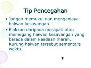 Tip PencegahanTip Pencegahan
• Jangan memukul dan menganiaya
haiwan kesayangan.
• Elakkan daripada merapati atau
memegang haiwan kesayangan yang
berada dalam keadaan marah.
Kurung haiwan tersebut sementara
waktu.
 