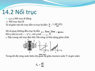14.2 Nối trục
 14.2.3 Nối trục di động
2- Nối trục bản lề
Tỷ số giữa vận tốc trục dẫn và trục bị dẫn:
Hệ số quay không đều trục bị dẫn
Khi γ nhỏ ta có k ~ ~ γ^2 , với γ tính bằng rad
1- Đặc trưng nối trục đàn hồi: Độ cứng và khả năng giảm chấn
Trong đó độ cứng xoắn biểu thị quan hệ giữa momen xoắn T và góc xoắn:
 