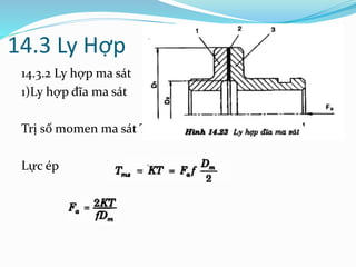 14.3 Ly Hợp
14.3.2 Ly hợp ma sát
1)Ly hợp đĩa ma sát
Trị số momen ma sát Tms sẽ là:
Lực ép
 