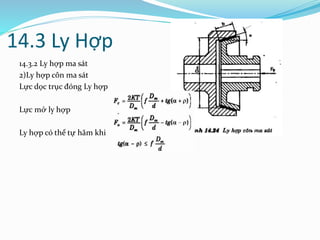 14.3 Ly Hợp
14.3.2 Ly hợp ma sát
2)Ly hợp côn ma sát
Lực dọc trục đóng Ly hợp
Lực mở ly hợp
Ly hợp có thể tự hãm khi
 