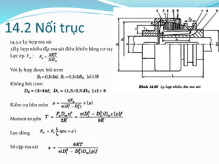 14.2 Nối trục
14.3.2 Ly hợp ma sát
3)Ly hợp nhiều đĩa ma sát điều khiển bằng cơ tay
Lực ép Fα :
Với ly hợp được bôi trơn
Không bôi trơn
Kiểm tra bền mòn
Momen truyền
Lực đóng
Số cặp ma sát
 