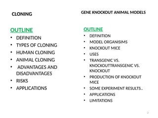 2
CLONING
OUTLINE
• DEFINITION
• TYPES OF CLONING
• HUMAN CLONING
• ANIMAL CLONING
• ADVANTAGES AND
DISADVANTAGES
• RISKS
• APPLICATIONS
GENE KNOCKOUT ANIMAL MODELS
OUTLINE
• DEFINITION
• MODEL ORGANISIMS
• KNOCKOUT MICE
• USES
• TRANSGENIC VS.
KNOCKOUTTRANSGENIC VS.
KNOCKOUT
• PRODUCTION OF KNOCKOUT
MICE
• SOME EXPERIMENT RESULTS..
• APPLICATIONS
• LIMITATIONS
 