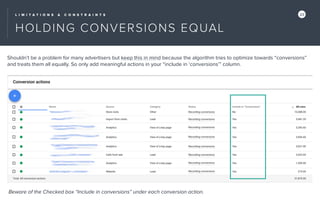 L I M I T A T I O N S & C O N S T R A I N T S 23
HOLDING CONVERSIONS EQUAL
Shouldn’t be a problem for many advertisers but keep this in mind because the algorithm tries to optimize towards “conversions”
and treats them all equally. So only add meaningful actions in your “include in ‘conversions’” column.
Beware of the Checked box “Include in conversions” under each conversion action.
 