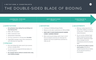 L I M I T A T I O N S & C O N S T R A I N T S 26
THE DOUBLE-SIDED BLADE OF BIDDING
L E A R N I N G P E R I O D
( W E E K S 1 & 2 )
O P T I M I Z AT I O N S
( W E E K 3 )
C O N T R A I N T S
( O N G O I N G )
EXPECTATIONS
Set Up Realistic Goals, Setting The Last 30 Days Is A
Good Starting Point.
ROAS / CPA Fluctuations
Shifts in impressions share
Having Doubt In Automation
The more conversions in a 30 day period, the better
Target ROAS campaigns require more conversions to
work eﬀectively than target CPA
STRATEGY
Pick a bid strategy that makes sense to your business
and your campaign eﬀorts
Try not to make any changes the ﬁrst two weeks or in
ﬁrst learning period
Set campaign delivery method to standard when using
smart bidding strategies
REPORTING
Checking In On Bidding Strategy Portfolio
Measure out the delta in performance for CPA and ROAS
MAKE SURE TO AVOID MAKING MAJOR CHANGES
DURING “LEARNING PERIODS”
When examining bid strategy reports, keep in mind if
there are delayed conversions we should give the
algorithm extra time to backﬁll those conversions to
make any call
ADJUSTMENTS
Whenever making adjustments to
target CPA or ROAS try increasing it
no more than +/- 10-15% at a time to
reduce ﬂuctuations.
You can override campaign target
CPA by assigning ad group target
CPA. However, adjusting the target
CPA at campaign level will
automatically override the ad group
again.
You still have the ability to examine
search queries. Still add any
negative keywords that you believe
are not relevant to business or
noncompliant.
 