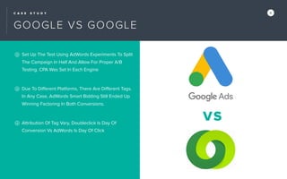 C A S E S T U D Y X
VS
Set Up The Test Using AdWords Experiments To Split
The Campaign In Half And Allow For Proper A/B
Testing. CPA Was Set In Each Engine
Due To Diﬀerent Platforms, There Are Diﬀerent Tags.
In Any Case, AdWords Smart Bidding Still Ended Up
Winning Factoring In Both Conversions.
Attribution Of Tag Vary, Doubleclick Is Day Of
Conversion Vs AdWords Is Day Of Click
GOOGLE VS GOOGLE
 