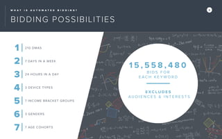 W H A T I S A U T O M A T E D B I D D I N G ? 8
BIDDING POSSIBILITIES
1 5 , 5 5 8 , 4 8 0
B I D S F O R
E A C H K E Y W O R D
E X C L U D E S
A U D I E N C E S & I N T E R E S T S
1
2
3
4
5
6
7
210 DMAS
7 DAYS IN A WEEK
24 HOURS IN A DAY
3 DEVICE TYPES
7 INCOME BRACKET GROUPS
3 GENDERS
7 AGE COHORTS
 