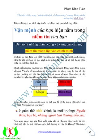 Phạm Đình Tuấn

  “Chờ đợi với hy vọng “mình nhất định sẽ thành công” nhưng không vì thế
                                                  mà ngừng hành động”.

Tất cả những gì tôi trình bày ở trên chỉ nhằm một mục đích duy nhất:


Vận mệnh của bạn hiện nằm trong
       niềm tin của bạn
 Để tạo ra những thành công vẻ vang bạn cần một
            niềm tin mãnh liệt vào chính mình.
Dù hiện tại bạn đang làm bất kỳ nghề nào đi nữa hoặc mắc một căn bệnh oái
oăm thì chỉ khi bạn có một cách nghĩ đúng đắn bạn sẽ có thể thành công
hoặc chiến thắng bệnh tật.

Chính niềm tin tạo ra động lực, động lực tạo ra hành động, hành động tạo ra
kết quả. Và nếu kết quả chưa tốt nhưng niềm tin vững vàng thì bạn sẽ tiếp
tục tạo ra động lực, dẫn đến hành động và tạo ra kết quả. Quy trình cứ liên
tục như vậy cho đến khi nào bạn đạt được kết quả như mong muốn.

                      Niềm tin                   Động lực


                       Kết quả                  Hành động


Do đó bạn phải luôn có một niềm tin tích cực để có thể tạo ra những kết quả
tốt nhất. Vậy niềm tin có ở đâu?

     Nguồn thứ nhất chính là môi trường: Người
     thân, bạn bè, những người bạn thường tiếp xúc.
Nếu sống trong một gia đình suốt ngày cãi vả (thường dùng ngôn từ chợ
búa), thù hận thì thử hỏi bạn có bị ảnh hưởng từ việc đó không? Tất nhiên!


                         www.phamdinhtuan.com                                 29
 