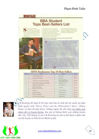 Phạm Đình Tuấn




 J.K.Rowling đã từng bị 11 nhà xuất bản từ chối khi bà muốn họ phát
  hành quyển sách “Harry Potter and the Philosopher's Stone” (Harry
  Potter và Hòn đá phù thủy). Những người đó cho rằng tác phẩm quá
  nhảm nhí và hoang đường, đọc giả sẽ không thích xem những truyện
  như vậy. Thế nhưng về sau J.K.Rowling lại cho ra đời thêm 6 phần nữa
  của bộ truyện và biến bà trở thành tỷ phú.




                      www.phamdinhtuan.com                               50
 