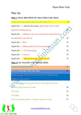 Phạm Đình Tuấn

Mục lục
Phần 1: THAY ĐỔI NIỀM TIN THAY ĐỔI CUỘC SỐNG

Những Câu Chuyện Khiến Bạn Thay Đổi Niềm Tin                      9

Nguồn thứ nhất chính là môi trường: Người thân, bạn bè, nhữn

người bạn thường tiếp xúc.                                       29

Nguồn thứ hai: Những sự việc xảy ra trong cuộc sống dù lớn hay

nhỏ đều hỗ trợ cho niềm tin.                                     30

Nguồn thứ ba: Sách.                                              32

Nguồn thứ tư: Những sự kiện xảy tra trong quá khứ.               34

Nguồn thứ năm: Trí tưởng tượng.                                  36

Nguồn thứ sáu: Internet.                                         38

Nguồn thứ bảy: Những gì bạn gán ý nghĩa cho nó!                  39

Phần 2:CÁC NGUYÊN TẮC THÀNH CÔNG

Sự thật về THÀNH CÔNG                                            41

Để Trở Thành Bậc Thầy Giao Tiếp                                  41

Những Nguyên Tắc Để Trở Nên Giàu Có Và Thành Công

Ở Bất Kỳ Lĩnh Vực Gì

Dù có bị 1 triệu lần bị người khác từ chối (thất bại) đi nữa

thì cũng đừng bao giờ bỏ cuộc.                                   48

Tiết kiệm                                                        53

Chủ động                                                         56

Chịu trách nhiệm 100% về mình ở mọi hoàn cảnh                    57



                           www.phamdinhtuan.com                       7
 