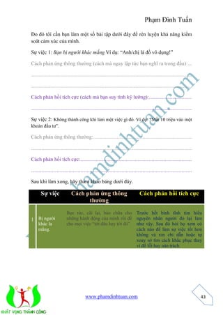 Phạm Đình Tuấn 
www.phamdinhtuan.com 
43 
Do đó tôi cần bạn làm một số bài tập dưới đây để rèn luyện khả năng kiểm 
soát cảm xúc của mình. 
Sự việc 1: Bạn bị người khác mắng.Ví dụ: “Anh/chị là đồ vô dụng!” 
Cách phản ứng thông thường (cách mà ngay lập tức bạn nghĩ ra trong đầu): ... 
............................................................................................................................ 
............................................................................................................................ 
Cách phản hồi tích cực (cách mà bạn suy tính kỹ lưỡng): ................................. 
............................................................................................................................ 
Sự việc 2: Không thành công khi làm một việc gì đó. Ví dụ: “Mất 10 triệu vào một 
khoản đầu tư”. 
Cách phản ứng thông thường: ............................................................................ 
............................................................................................................................ 
Cách phản hồi tích cực: ...................................................................................... 
............................................................................................................................ 
Sau khi làm xong, hãy tham khảo bảng dưới đây. 
Sự việc Cách phản ứng thông 
thường 
Cách phản hồi tích cực 
1 
Bị người 
khác la 
mắng. 
Bực tức, cãi lại, bào chữa cho 
những hành động của mình rồi để 
cho mọi việc “tới đâu hay tới đó”. 
Trước hết bình tĩnh tìm hiểu 
nguyên nhân người đó lại làm 
như vậy. Sau đó hỏi họ xem có 
cách nào để làm sự việc tốt hơn 
không và xin chỉ dẫn hoặc tự 
xoay sở tìm cách khắc phục thay 
vì đổ lỗi hay oán trách. 
 