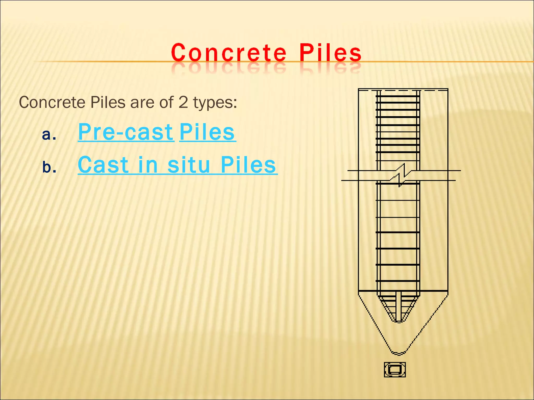 Concrete Piles are of 2 types:
a. Pre-cast Piles
b. Cast in situ Piles
 
