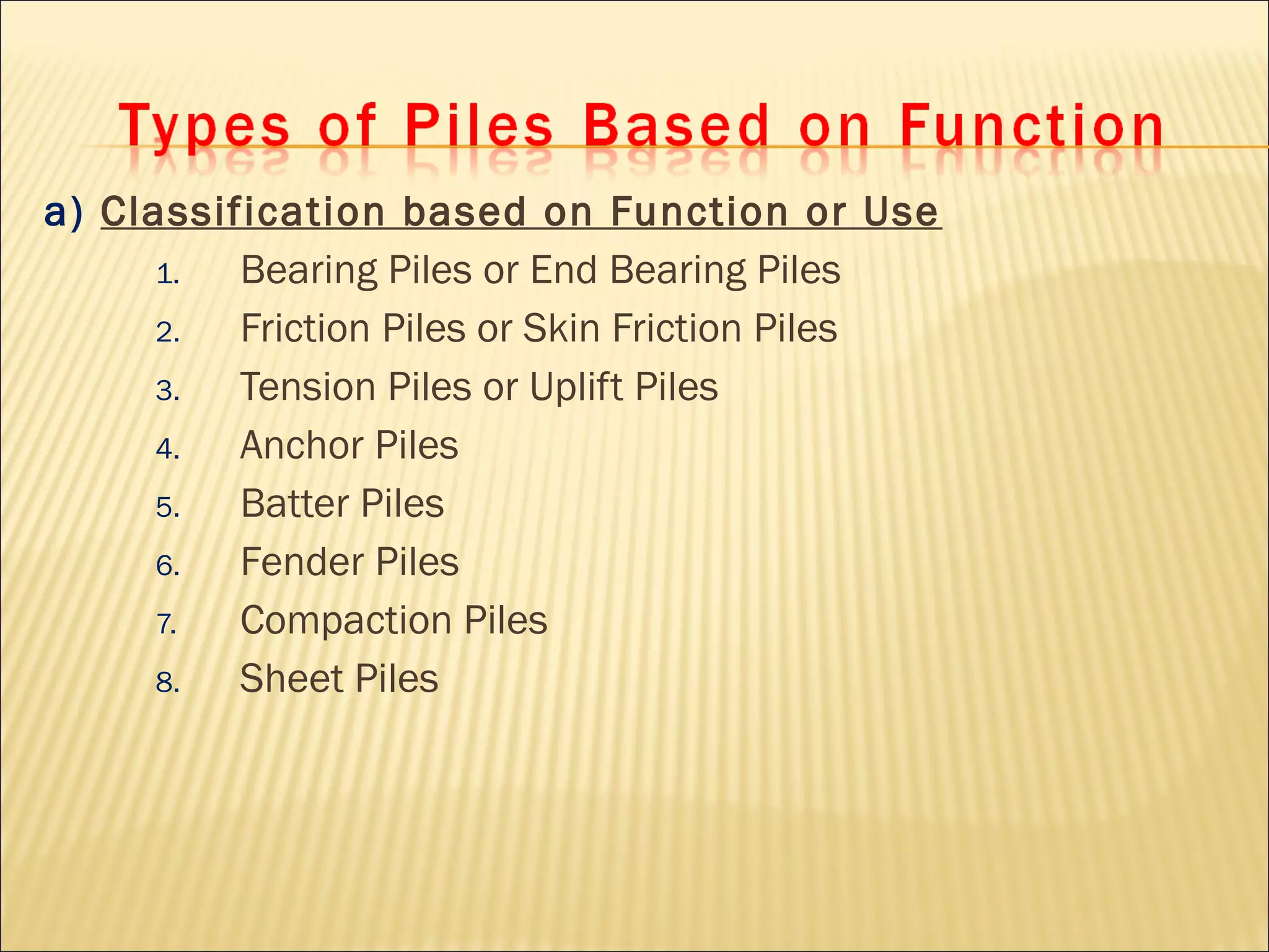 a) Classification based on Function or Use
1. Bearing Piles or End Bearing Piles
2. Friction Piles or Skin Friction Piles
3. Tension Piles or Uplift Piles
4. Anchor Piles
5. Batter Piles
6. Fender Piles
7. Compaction Piles
8. Sheet Piles
 