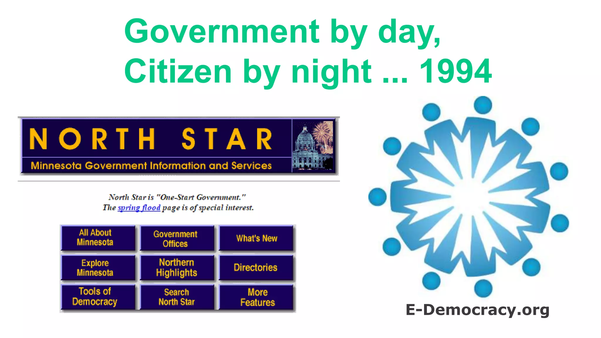 Government by day,
Citizen by night ... 1994
E-Democracy.org
 
