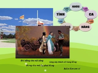 Đời dâng cho núi sông
Lòng này thách v i tang b ngớ ồ
Đừng sầu má y phai hấ ồng
Buồn lắm em ơi
 