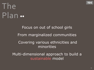 Focus on out of school girls
From marginalized communities
Covering various ethnicities and
minorities
Multi-dimensional approach to build a
sustainable model
14
The
Plan
 