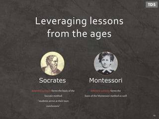 Leveraging lessons
from the ages
Inherent curiosity formsthe
basis ofthe Montessori method as well
Inherent curiosity formsthe basis of the
Socratic method
“students arriveat their own
conclusions”
MontessoriSocrates
19
 