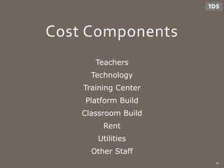 Cost Components
Teachers
Technology
Training Center
Platform Build
Classroom Build
Rent
Utilities
Other Staff
40
 