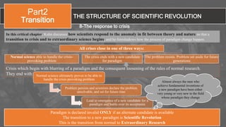 THE STRUCTURE OF SCIENTIFIC REVOLUTION
Part2
Transition
8-The response to crisis
In this critical chapter, Kuhn discusses how scientists respond to the anomaly in fit between theory and nature so that a
transition to crisis and to extraordinary science begins, and he foreshadows how the process of paradigm change happen.
Paradigm is declared invalid ONLY if an alternate candidate is available
The transition to a new paradigm is Scientific Revolution
This is the transition from normal to Extraordinary Research
Crisis which begin with blurring of a paradigm and the consequent loosening of the rules of normal research.
They end with: Normal science ultimately proves to be able to
handle the crisis provoking problem
Problem persists and scientists declare the problem
unsolvable, and set for future time
Lead to emergence of a new candidate for a
paradigm and battle over its acceptance
All crises close in one of three ways:
Normal science able to handle the crisis-
provoking problem
The crisis ends with a new candidate
for paradigm
The problem resists. Problem set aside for future
generations
Almost always the men who
achieve fundamental inventions of
a new paradigm have been either
very young or very new to the field
whose paradigm they change
 