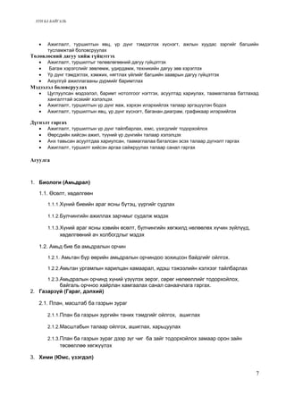 ХҮН БА БАЙГАЛЬ 
· Ажиглалт, туршилтын явц, үр дүнг тэмдэглэх хүснэгт, ажлын хуудас зэргийг багшийн 
тусламжтай боловсруулах 
Төлөвлөсний дагуу хийж гүйцэтгэх 
· Ажиглалт, туршилтыг төлөвлөгөөний дагуу гүйцэтгэх 
· Багаж хэрэгслийг зөвлөмж, удирдамж, техникийн дагуу зөв хэрэглэх 
· Үр дүнг тэмдэглэх, хэмжих, нягтлах үйлийг багшийн зааврын дагуу гүйцэтгэх 
· Аюулгүй ажиллагааны дүрмийг баримтлах 
Мэдээлэл боловсруулах 
· Цуглуулсан мэдээлэл, баримт нотолгоог нэгтгэх, асуултад хариулах, таамаглалаа батлахад 
хангалттай эсэхийг хэлэлцэх 
· Ажиглалт, туршилтын үр дүнг яаж, хэрхэн илэрхийлэх талаар эргэцүүлэн бодох 
· Ажиглалт, туршилтын явц, үр дүнг хүснэгт, баганан диаграм, графикаар илэрхийлэх 
Дүгнэлт гаргах 
· Ажиглалт, туршилтын үр дүнг тайлбарлах, юмс, үзэгдлийг тодорхойлох 
· Өөрсдийн хийсэн ажил, түүний үр дүнгийн талаар хэлэлцэх 
· Анх тавьсан асуултдаа хариулсан, таамаглалаа баталсан эсэх талаар дүгнэлт гаргах 
· Ажиглалт, туршилт хийсэн аргаа сайжруулах талаар санал гаргах 
Агуулга 
1. Биологи (Амьдрал) 
1.1. Өсөлт, хөдөлгөөн 
1.1.1.Хүний биеийн араг ясны бүтэц, үүргийг судлах 
1.1.2.Булчингийн ажиллах зарчмыг судалж мэдэх 
1.1.3.Хүний араг ясны хэвийн өсөлт, булчингийн хөгжилд нөлөөлөх хүчин зүйлүүд, 
хөдөлгөөний ач холбогдлыг мэдэх 
1.2. Амьд бие ба амьдралын орчин 
1.2.1. Амьтан бүр өөрийн амьдралын орчиндоо зохицсон байдгийг ойлгох. 
1.2.2.Амьтан ургамлын харилцан хамаарал, идэш тэжээлийн хэлхээг тайлбарлах 
1.2.3.Амьдралын орчинд хүний үзүүлэх эерэг, сөрөг нөлөөллийг тодорхойлох, 
байгаль орчноо хайрлан хамгаалах санал санаачлага гаргах. 
2. Газарзүй (Гараг, дэлхий) 
2.1. План, масштаб ба газрын зураг 
2.1.1.План ба газрын зургийн таних тэмдгийг ойлгох, ашиглах 
2.1.2.Масштабын талаар ойлгох, ашиглах, харьцуулах 
2.1.3.План ба газрын зураг дээр зүг чиг ба зайг тодорхойлох замаар орон зайн 
төсөөллөө хөгжүүлэх 
3. Хими (Юмс, үзэгдэл) 
7 
 