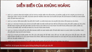 DI N BI N C A KH NG HO NGỄ Ế Ủ Ủ ẢDI N BI N C A KH NG HO NGỄ Ế Ủ Ủ Ả
• NGÀY 3/2: LAHOOD C NH BÁO NH NG CH XE TOYOTA THU C DI N THU H I NG NG LÁI NH NG CHI C XE NÀY, NH NG SAU ĐÓ RÚT L IẢ Ữ Ủ Ộ Ệ Ồ Ừ Ữ Ế Ư Ạ
C NH BÁO TRÊN. TOYOTA CHO BI T, H ĐANG XEM XÉT NH NG PHÀN NÀN C A NG I S D NG V L I PHANH XE M U XE CH Y NHIÊNẢ Ế Ọ Ữ Ủ ƯỜ Ử Ụ Ề Ỗ Ở Ẫ Ạ
LI U T H P PRIUS Đ I 2010.Ệ Ổ Ợ Ờ
• NGÀY 4/2: NHTSA TI N HÀNH ĐI U TRA Đ I V I ÍT NH T 124 Đ N PHÀN NÀN C A NG I TIÊU DÙNG V PHANH XE C A PRIUS.Ế Ề Ố Ớ Ấ Ơ Ủ ƯỜ Ề Ủ
• NGÀY 5/2: CH T CH TOYODA C A TOYOTA ĐÃ XU T HI N T I M T BU I H P BÁO Đ XIN L I KHÁCH HÀNG V CH T L NG XE. ÔNG CÔNGỦ Ị Ủ Ấ Ệ Ạ Ộ Ổ Ọ Ể Ỗ Ề Ấ ƯỢ
B K HO CH THÀNH L P M T B PH N CHUYÊN TRÁCH, BAO G M C CÁC NHÀ PHÂN TÍCH BÊN NGOÀI, Đ RÀ SOÁT CH T L NG XE.Ố Ế Ạ Ậ Ộ Ộ Ậ Ồ Ả Ể Ấ ƯỢ
TOYOTA CÂN NH C VI C THU H I XE PRIUS VÌ LÝ DO AN TOÀN CHÂN PHANH.Ắ Ệ Ồ
• NGÀY 9/2: TOYOTA TUYÊN B THU H I G N 500.000 CHI C XE CH Y NHIÊN LI U T H P HI U PRIUS VÀ LEXUS TRÊN TH TR NG TOÀNỐ Ồ Ầ Ế Ạ Ệ Ổ Ợ Ệ Ị ƯỜ
C U Đ KH C PH C S C CHÂN PHANH.Ầ Ể Ắ Ụ Ự Ố
• NGÀY 22/2: TOYOTA ĐÃ NH N Đ C YÊU C U C A LIÊN BANG M V VI C CUNG C P CÁC TÀI LI U LIÊN QUAN T I L I TĂNG T C Đ TẬ ƯỢ Ầ Ủ Ỹ Ề Ệ Ấ Ệ Ớ Ỗ Ố Ộ
NG T M T S M U XE VÀ L I CHÂN PHANH XE PRIUS. TI P ĐÓ Y BAN CH NG KHOÁN VÀ GIAO D CH M (SEC) ĐÃ YÊU C U HÃNG CUNGỘ Ở Ộ Ố Ẫ Ỗ Ở Ế Ủ Ứ Ị Ỹ Ầ
C P CÁC TÀI LI U T NG T .Ấ Ệ ƯƠ Ự
• * NGÀY 24/2: CH T CH TOYODA S RA ĐI U TR N TR C QU C H I M V CU C KH NG HO NG THU H I XE.Ủ Ị Ẽ Ề Ầ ƯỚ Ố Ộ Ỹ Ề Ộ Ủ Ả Ồ
* NHTSA là C quan An toàn giao thông đ ng b qu c giaơ ườ ộ ố c a Mĩủ
 