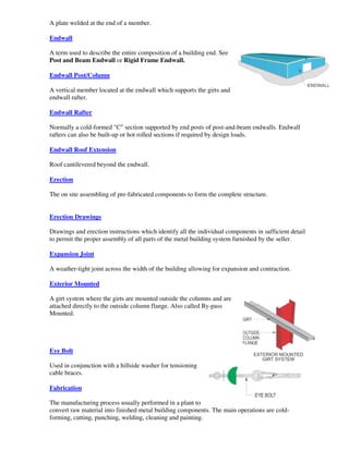 A plate welded at the end of a member.

Endwall

A term used to describe the entire composition of a building end. See
Post and Beam Endwall or Rigid Frame Endwall.

Endwall Post/Column

A vertical member located at the endwall which supports the girts and
endwall rafter.

Endwall Rafter

Normally a cold-formed "C" section supported by end posts of post-and-beam endwalls. Endwall
rafters can also be built-up or hot rolled sections if required by design loads.

Endwall Roof Extension

Roof cantilevered beyond the endwall.

Erection

The on site assembling of pre-fabricated components to form the complete structure.


Erection Drawings

Drawings and erection instructions which identify all the individual components in sufficient detail
to permit the proper assembly of all parts of the metal building system furnished by the seller.

Expansion Joint

A weather-tight joint across the width of the building allowing for expansion and contraction.

Exterior Mounted

A girt system where the girts are mounted outside the columns and are
attached directly to the outside column flange. Also called By-pass
Mounted.




Eye Bolt

Used in conjunction with a hillside washer for tensioning
cable braces.

Fabrication

The manufacturing process usually performed in a plant to
convert raw material into finished metal building components. The main operations are cold-
forming, cutting, punching, welding, cleaning and painting.
 