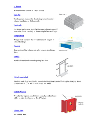H Section

A steel member with an "H" cross section.

Hair Pin

Reinforcement bars used in distributing forces from the
column foundation to the floor slab.

Handrails

Horizontal and vertical pipes fixed to stair stringers, edges of
mezzanine floors, openings in floors and platform walkways.

Hangar Door

A large multi-leaf door that is used in aircraft hangars or
similar buildings.

Haunch

Intersection of the column and rafter. Also referred to as
Knee.

Header

A horizontal member over an opening in a wall.




High Strength Bolt

Any bolt made from steel having a tensile strength in excess of 690 megapascal (MPa). Some
examples are: ASTM A325, A354, A449 and A490.



Hillside Washer

A washer having non-parallel faces normally used on brace
cables or rods. Also known as Bevel Washer.




Hinged Base

See Pinned Base.
 