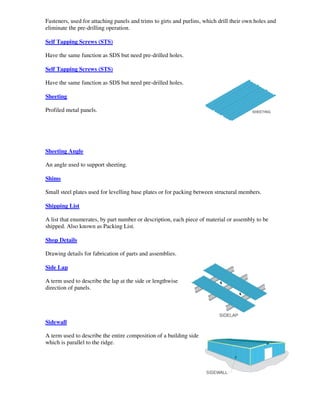 Fasteners, used for attaching panels and trims to girts and purlins, which drill their own holes and
eliminate the pre-drilling operation.

Self Tapping Screws (STS)

Have the same function as SDS but need pre-drilled holes.

Self Tapping Screws (STS)

Have the same function as SDS but need pre-drilled holes.

Sheeting

Profiled metal panels.




Sheeting Angle

An angle used to support sheeting.

Shims

Small steel plates used for levelling base plates or for packing between structural members.

Shipping List

A list that enumerates, by part number or description, each piece of material or assembly to be
shipped. Also known as Packing List.

Shop Details

Drawing details for fabrication of parts and assemblies.

Side Lap

A term used to describe the lap at the side or lengthwise
direction of panels.




Sidewall

A term used to describe the entire composition of a building side
which is parallel to the ridge.
 