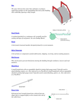 Bay

The space between the center lines of frames or primary
supporting members in the longitudinal direction of the building.
Also called Bay Spacing or Bay Length.




Bead Mastic

A sealant furnished in a continuous roll, normally used for
sealing end laps of roof panels. See also Endlap Mastic.

Beam

A horizontal structural member designed primarily to resist moments.


Bill of Materials

A list of items or components used for fabrication, shipping, receiving, and accounting purposes.

Bird Screen

Wire mesh used to prevent birds from entering the building through ventilators, louvers and roof
monitors.

Blind Rivet

A small headed pin with an expandable shank for joining light gauge metal. Typically used to
attach flashing, gutters, etc. Also referred to as a Pop Rivet.A small headed pin with an expandable
shank for joining light gauge metal. Typically used to attach flashing, gutters, etc. Also referred to
as a Pop Rivet.




Brace Grip

Galvanized steel strands formed into a helical hair pin
shape that is wrapped tightly on the strand at the end of
the cable brace.
 