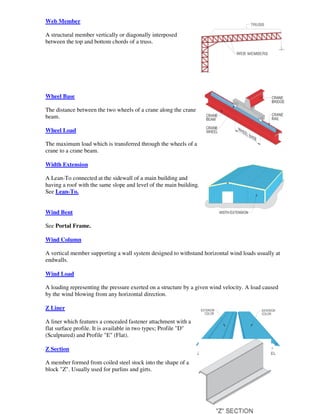 Web Member

A structural member vertically or diagonally interposed
between the top and bottom chords of a truss.




Wheel Base

The distance between the two wheels of a crane along the crane
beam.

Wheel Load

The maximum load which is transferred through the wheels of a
crane to a crane beam.

Width Extension

A Lean-To connected at the sidewall of a main building and
having a roof with the same slope and level of the main building.
See Lean-To.


Wind Bent

See Portal Frame.

Wind Column

A vertical member supporting a wall system designed to withstand horizontal wind loads usually at
endwalls.

Wind Load

A loading representing the pressure exerted on a structure by a given wind velocity. A load caused
by the wind blowing from any horizontal direction.

Z Liner

A liner which features a concealed fastener attachment with a
flat surface profile. It is available in two types; Profile "D"
(Sculptured) and Profile "E" (Flat).

Z Section

A member formed from coiled steel stock into the shape of a
block "Z". Usually used for purlins and girts.
 