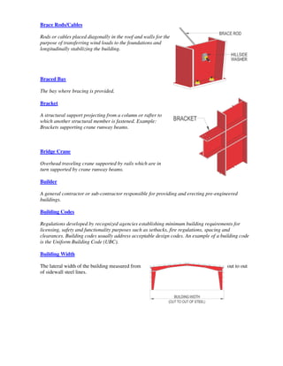 Brace Rods/Cables

Rods or cables placed diagonally in the roof and walls for the
purpose of transferring wind loads to the foundations and
longitudinally stabilizing the building.




Braced Bay

The bay where bracing is provided.

Bracket

A structural support projecting from a column or rafter to
which another structural member is fastened. Example:
Brackets supporting crane runway beams.



Bridge Crane

Overhead traveling crane supported by rails which are in
turn supported by crane runway beams.

Builder

A general contractor or sub-contractor responsible for providing and erecting pre-engineered
buildings.

Building Codes

Regulations developed by recognized agencies establishing minimum building requirements for
licensing, safety and functionality purposes such as setbacks, fire regulations, spacing and
clearances. Building codes usually address acceptable design codes. An example of a building code
is the Uniform Building Code (UBC).

Building Width

The lateral width of the building measured from                                        out to out
of sidewall steel lines.
 