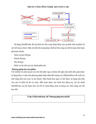 TRUNG TÂM CÔNG NGHỆ ADVANCE CAD
13
www.cachdung.com-www.advancecad.edu.vn
· Sử dụng SolidWorks để mô hình chi tiết ở giai đoạn khác của sự phát triển từ phôi tới
chi tiết hoàn chỉnh. Một chi tiết trên tramj được thiết kế thủ công (có thể là trạm đơn hoặc
dải hoàn chỉnh)
· Strip Layout Design
· Punch Design
· Die Design
· Hình vẽ chi tiết của các thành phần die.
Phương pháp bao sản phẩm
Với unfold và strip layout của chi tiết phức tạp, nó được đề nghị một phôi đơn giản được
sử dụng thay vì dựa trên phương pháp nhận diện đối tượng của 3DQuickPress để xuất các
tính năng tấm kim loại và tạo blank. Một blank đơn giản có thể được sử dụng như đầu
vào cho là thiết kế bố trí strip. Mỗi trạm được mô hình hóa bằng tay với kỹ thuật
SolidWorks sau đó được đưa vào bố trí strip bằng cách sử dụng các chức năng chi tiết
trao đổi.
Ví dụ về tiến trình thay thế Phương pháp bao chi tiết
 