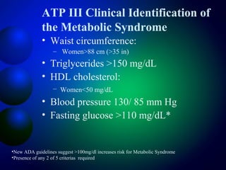 ATP III Clinical Identification of
the Metabolic Syndrome
• Waist circumference:
– Women>88 cm (>35 in)
• Triglycerides >150 mg/dL
• HDL cholesterol:
– Women<50 mg/dL
• Blood pressure 130/ 85 mm Hg
• Fasting glucose >110 mg/dL*
•New ADA guidelines suggest >100mg/dl increases risk for Metabolic Syndrome
•Presence of any 2 of 5 criterias required
 