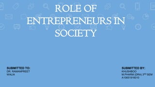 ROLE OF
ENTREPRENEURS IN
SOCIETY
SUBMITTED TO:
DR. RAMANPREET
WALIA
SUBMITTED BY:
KHUSHBOO
M.PHARM (DRA) 3RD SEM
A10651916010
 