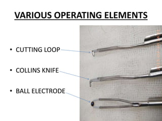 VARIOUS OPERATING ELEMENTS
• CUTTING LOOP
• COLLINS KNIFE
• BALL ELECTRODE
 