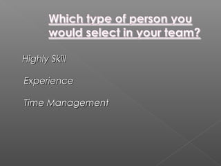 HHiigghhllyy SSkkiillll 
EExxppeerriieennccee 
TTiimmee MMaannaaggeemmeenntt 
 