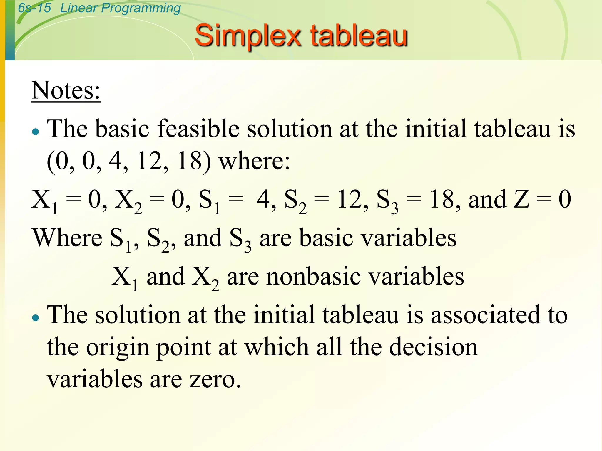 6s-15 Linear Programming
Simplex tableau
Notes:
 The basic feasible solution at the initial tableau is
(0, 0, 4, 12, 18) where:
X1 = 0, X2 = 0, S1 = 4, S2 = 12, S3 = 18, and Z = 0
Where S1, S2, and S3 are basic variables
X1 and X2 are nonbasic variables
 The solution at the initial tableau is associated to
the origin point at which all the decision
variables are zero.
 