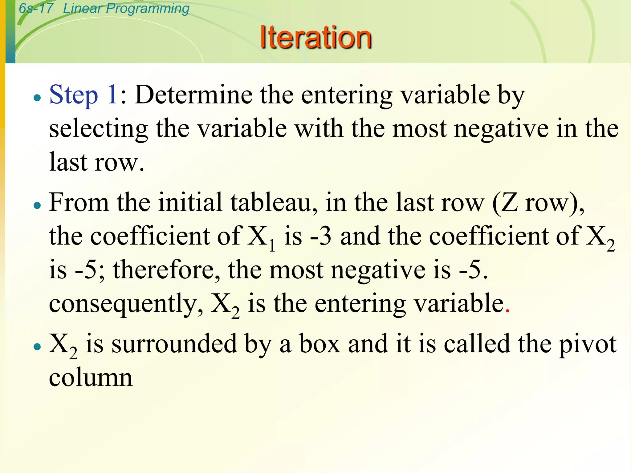 6s-17 Linear Programming
Iteration
 Step 1: Determine the entering variable by
selecting the variable with the most negative in the
last row.
 From the initial tableau, in the last row (Z row),
the coefficient of X1 is -3 and the coefficient of X2
is -5; therefore, the most negative is -5.
consequently, X2 is the entering variable.
 X2 is surrounded by a box and it is called the pivot
column
 