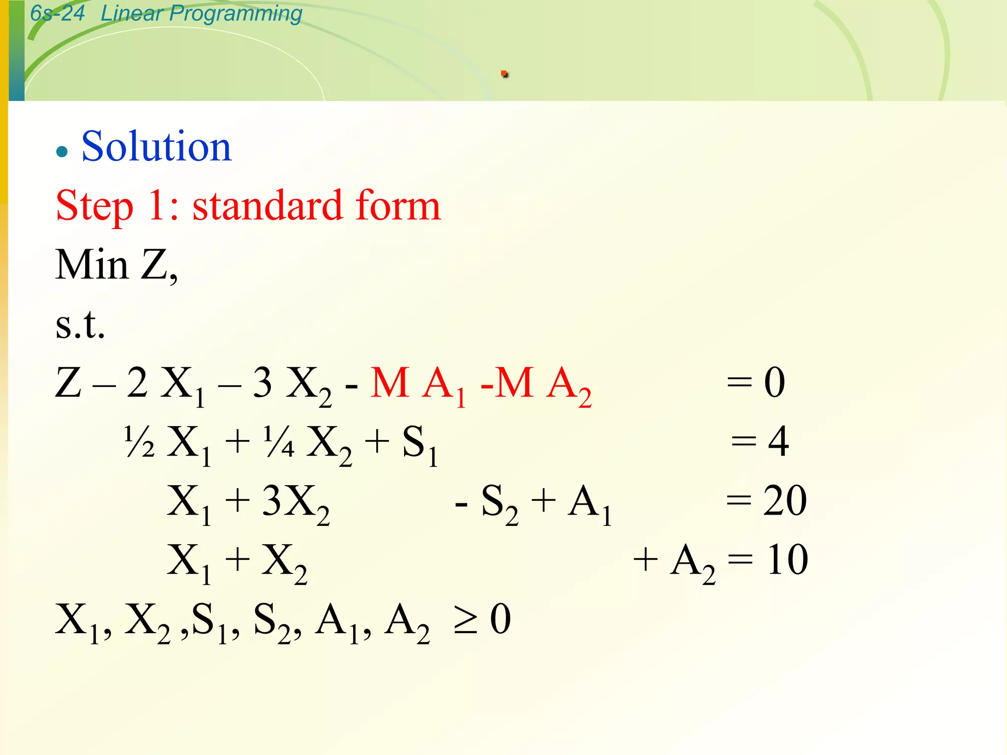 6s-24 Linear Programming
.
 Solution
Step 1: standard form
Min Z,
s.t.
Z – 2 X1 – 3 X2 - M A1 -M A2 = 0
½ X1 + ¼ X2 + S1 = 4
X1 + 3X2 - S2 + A1 = 20
X1 + X2 + A2 = 10
X1, X2 ,S1, S2, A1, A2  0
 