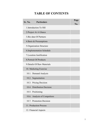 TABLE OF CONTENTS

                                   Page
Sr. No.      Particulars
                                   No.
  1.Introduction To SSI

  2.Project At A Glance

  3.Bio data Of Partners

  4.Basis & Presumptions

  5.Organization Structure

  6.Implementation Schedule

  7.Location Justification

  8.Portrait Of Products

  9.Details Of Raw Materials

  10. Marketing Exercise

   10.1. Demand Analysis

   10.2. Segmentation

   10.3. Pricing Decision

   10.4. Distribution Decision

   10.5. Positioning

   10.6. Analysis of Competitors

   10.7. Promotion Decision

  11. Production Process

  12. Financial Aspects



                                          1
 